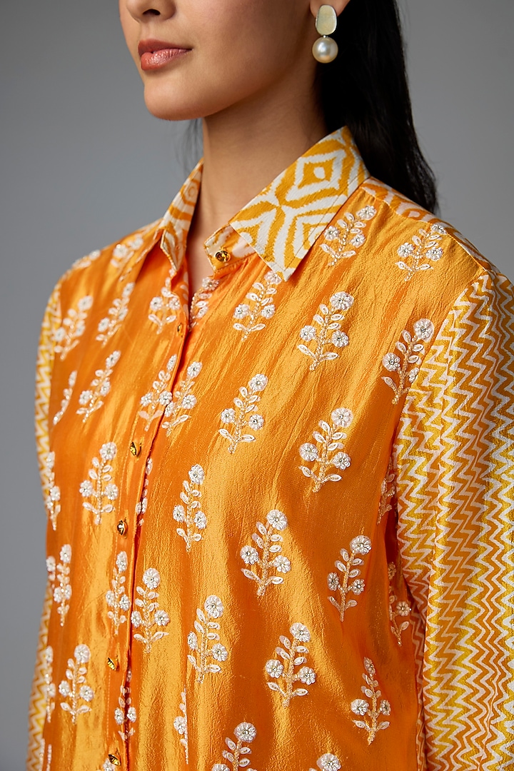 Orange Kora Silk Floral Printed Shirt by Prisha's at Pernia's Pop Up Shop