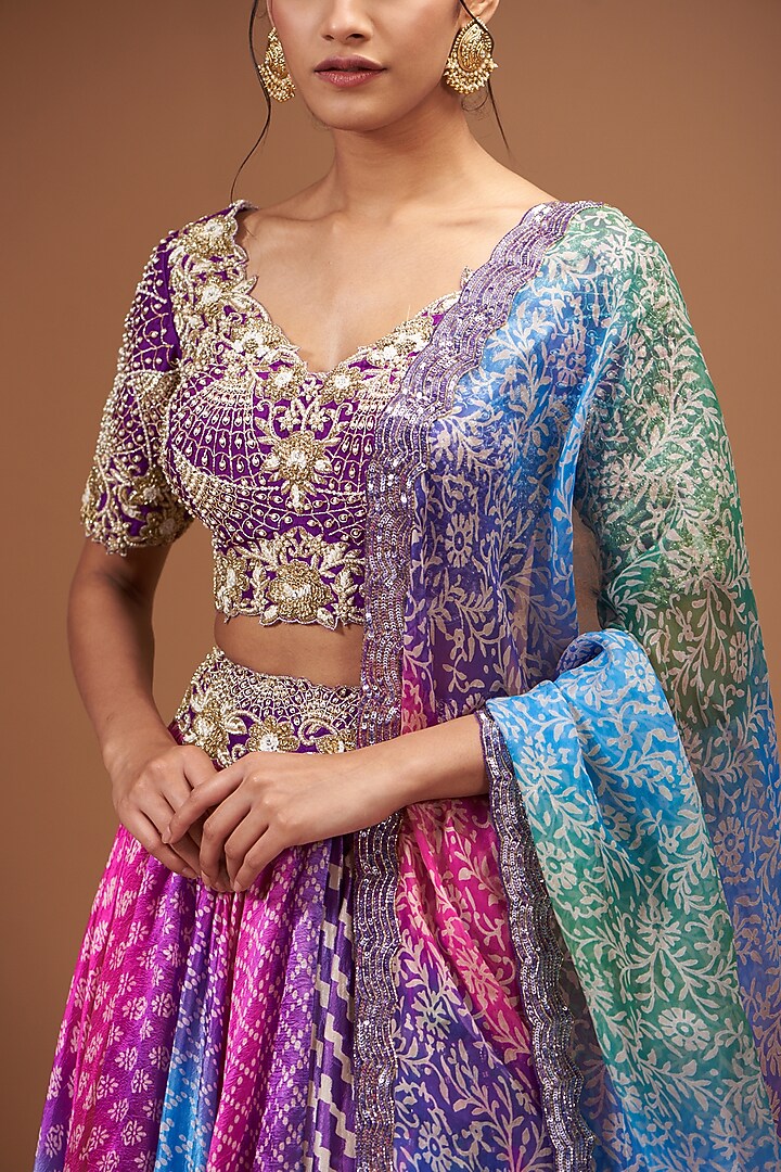 Multi-Colored Kora Silk Block Printed Wedding Lehenga Set by Prisha's at Pernia's Pop Up Shop