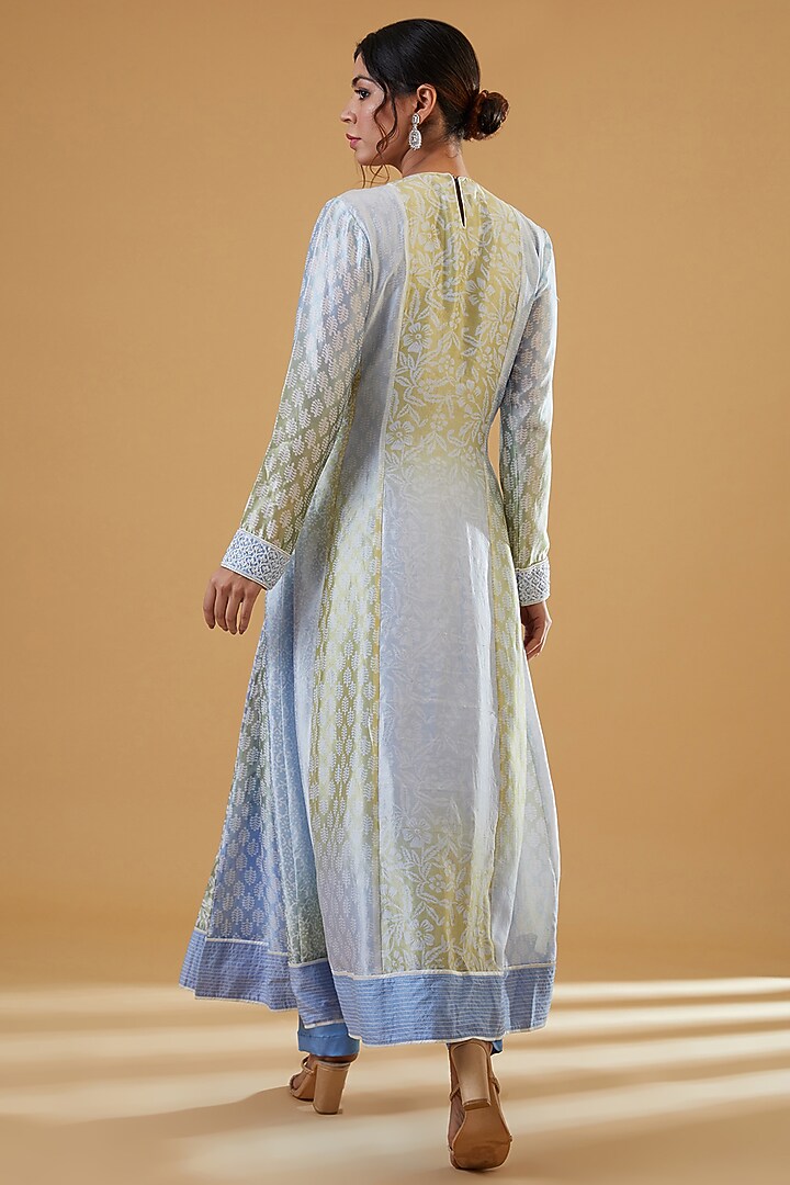 Blue & Green Kora Silk Block Printed Pleated Kurta Set by Prisha's at Pernia's Pop Up Shop