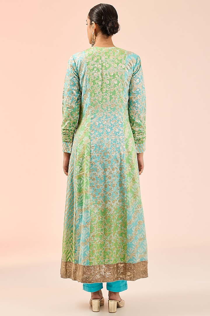 Blue & Green Chanderi Banarasi Embroidered Kurta Set by Prisha's at Pernia's Pop Up Shop
