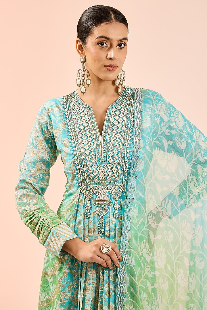 Blue & Green Chanderi Banarasi Embroidered Kurta Set by Prisha's at Pernia's Pop Up Shop