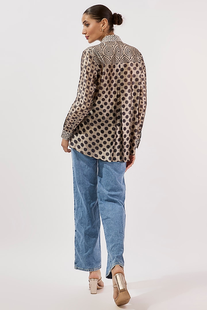 Black & Beige Kora Silk Block Printed Shirt by Prisha's at Pernia's Pop Up Shop