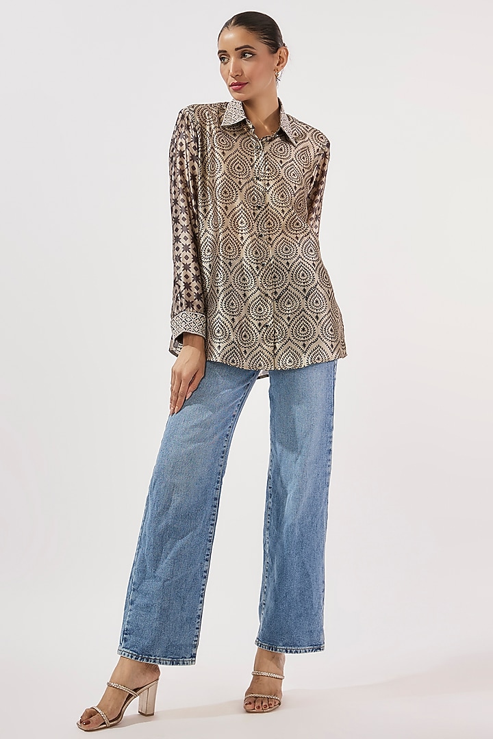 Black & Beige Kora Silk Block Printed Shirt by Prisha's at Pernia's Pop Up Shop