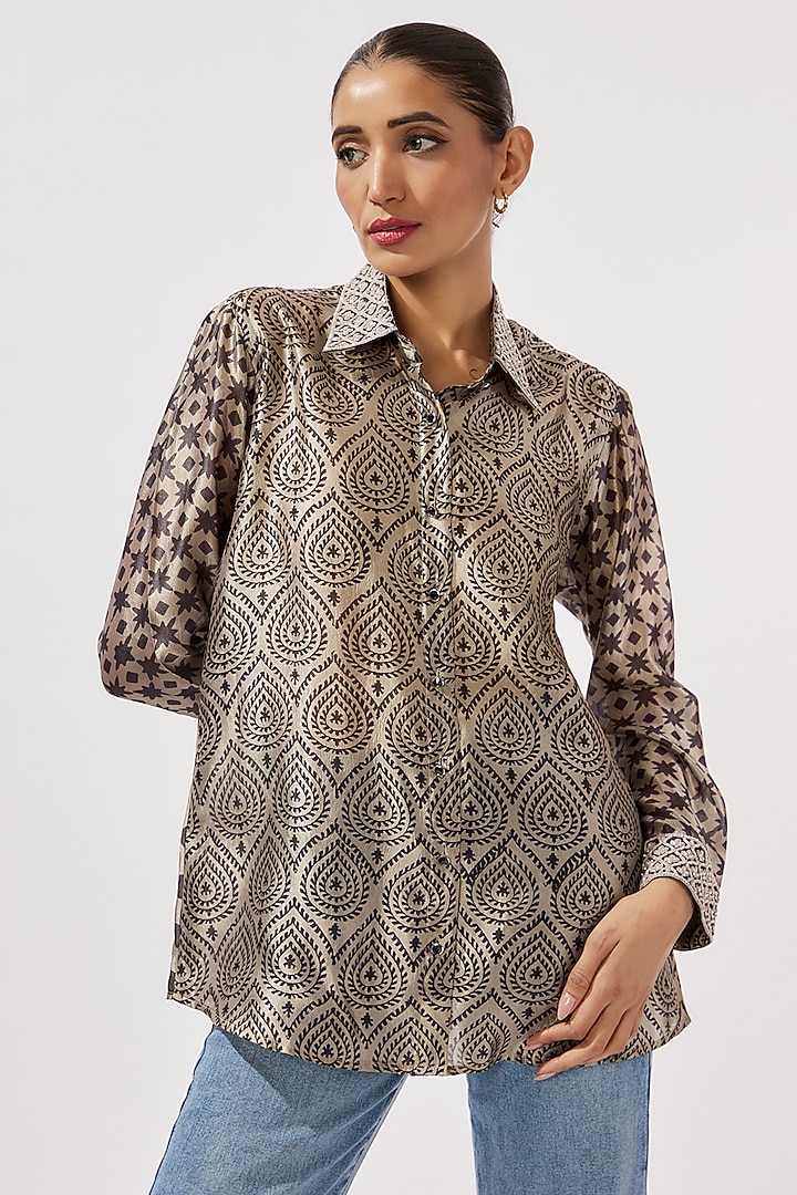 Black & Beige Kora Silk Block Printed Shirt by Prisha's at Pernia's Pop Up Shop
