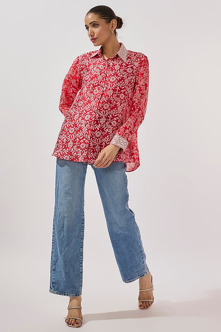 Red & Off-White Kora Silk Floral Embroidered Shirt by Prisha's