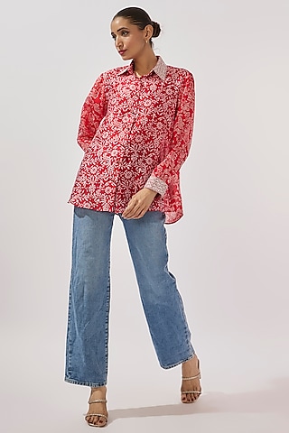 Red & Off-White Kora Silk Floral Embroidered Shirt by Prisha's