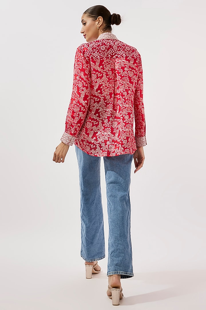 Red & Off-White Kora Silk Floral Embroidered Shirt by Prisha's at Pernia's Pop Up Shop