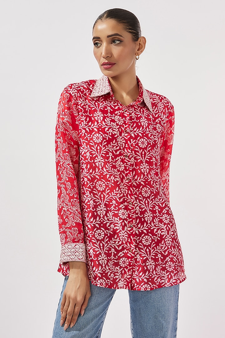Red & Off-White Kora Silk Floral Embroidered Shirt by Prisha's at Pernia's Pop Up Shop