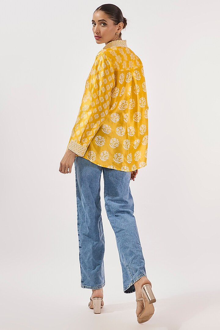 Yellow & Off-White Kora Silk Hand Embroidered Shirt by Prisha's at Pernia's Pop Up Shop