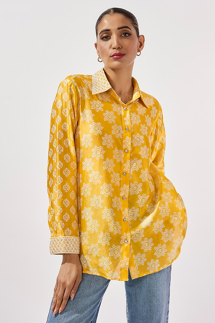 Yellow & Off-White Kora Silk Hand Embroidered Shirt by Prisha's at Pernia's Pop Up Shop