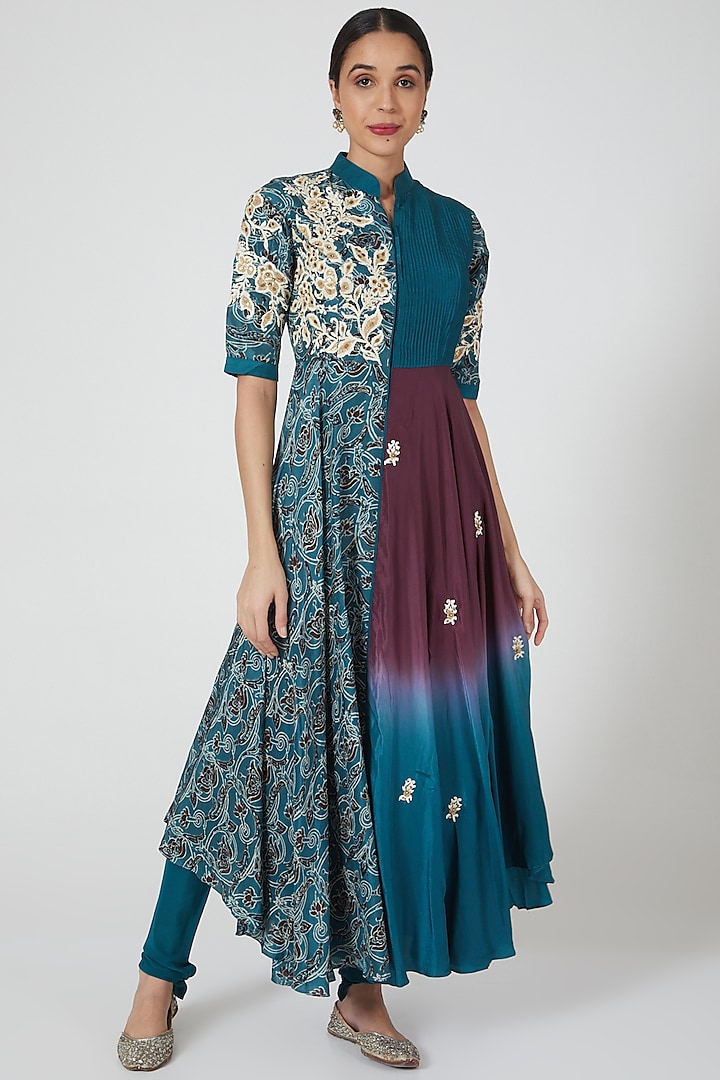 Turquoise Embroidered Kurta Set by Prisha's