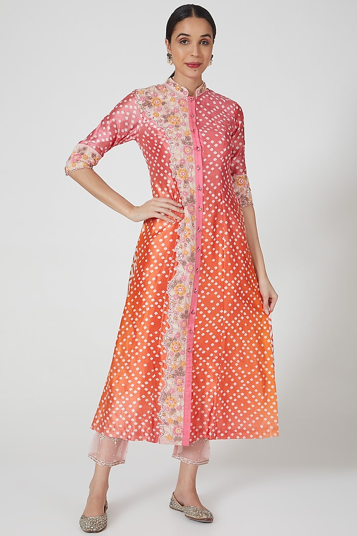 Pink & Orange Embroidered Kurta Set by Prisha's