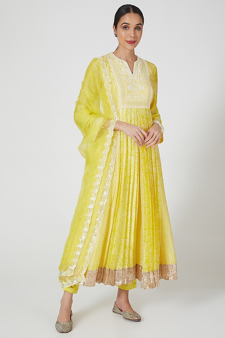 Yellow Embroidered & Printed Kurta Set by Prisha's