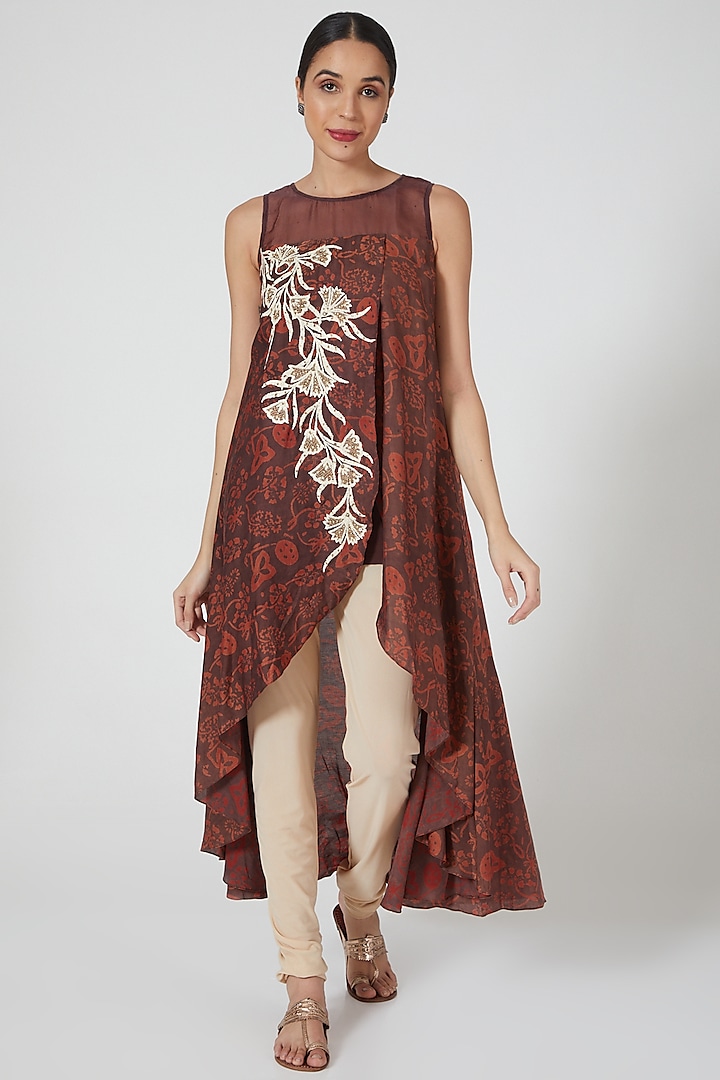 Rose Brown Printed & Embroidered Tunic by Prisha's