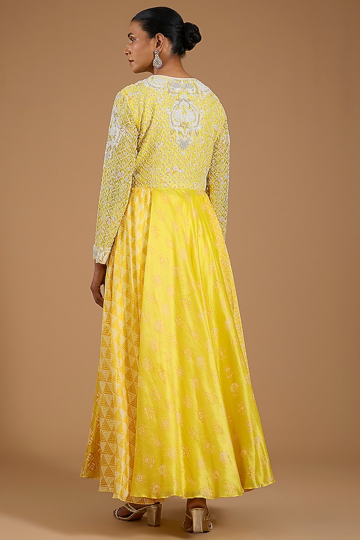 Yellow Kora Silk Printed & Embroidered Angrakha Set by Prisha's at Pernia's Pop Up Shop
