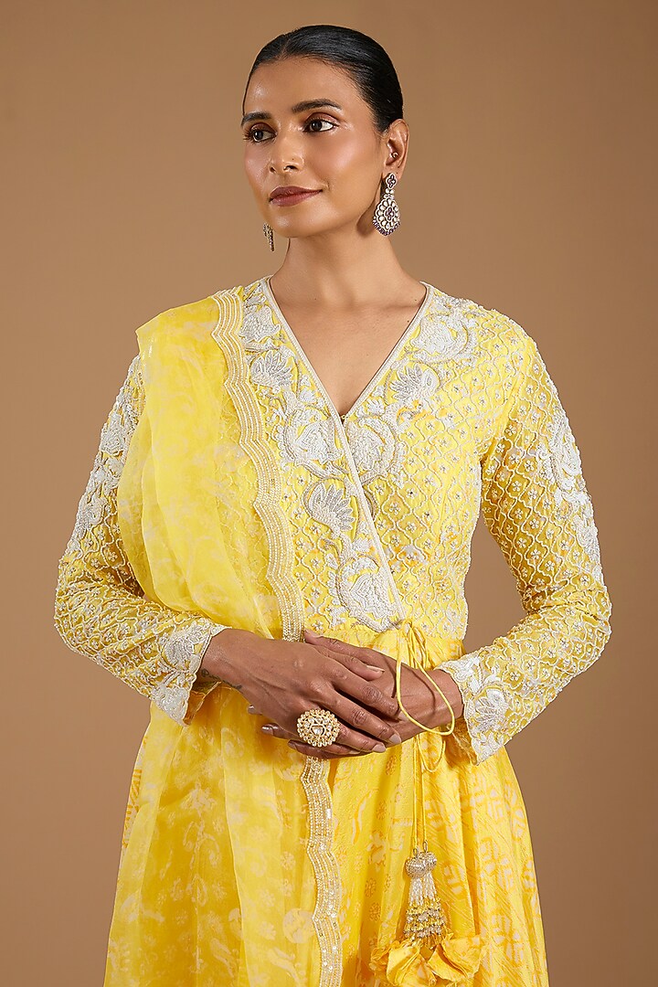 Yellow Kora Silk Printed & Embroidered Angrakha Set by Prisha's at Pernia's Pop Up Shop