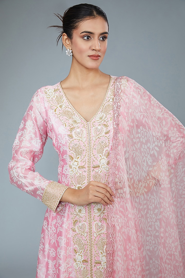 Pink Silk Block Printed Wedding Anarkali Set by Prisha's at Pernia's Pop Up Shop