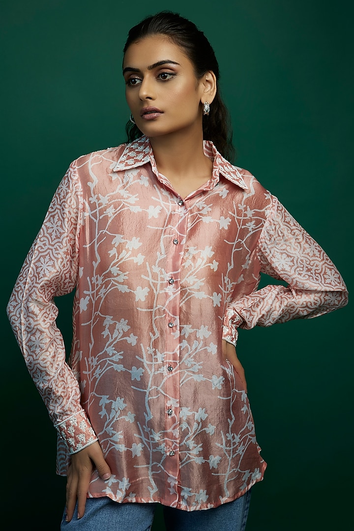 Pink Kora Silk Block Printed Shirt by Prisha's at Pernia's Pop Up Shop