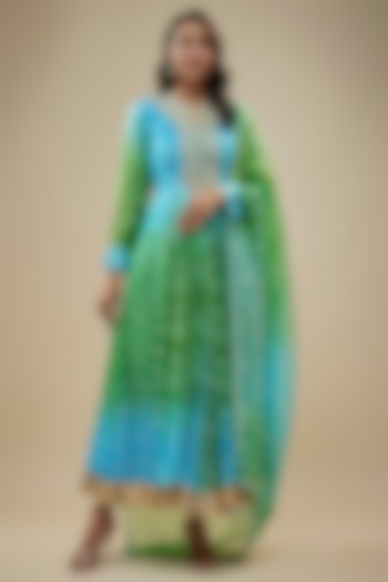 Blue & Green Kora Silk Embroidered & Printed Kurta Set by Prisha's at Pernia's Pop Up Shop