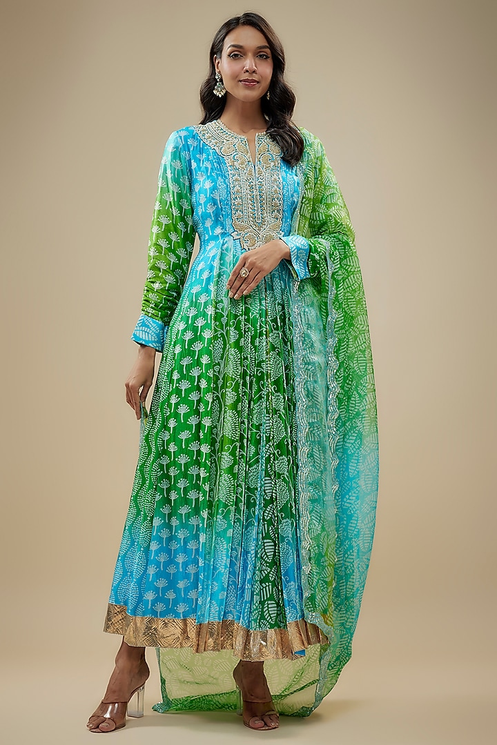 Blue & Green Kora Silk Embroidered & Printed Kurta Set by Prisha's at Pernia's Pop Up Shop