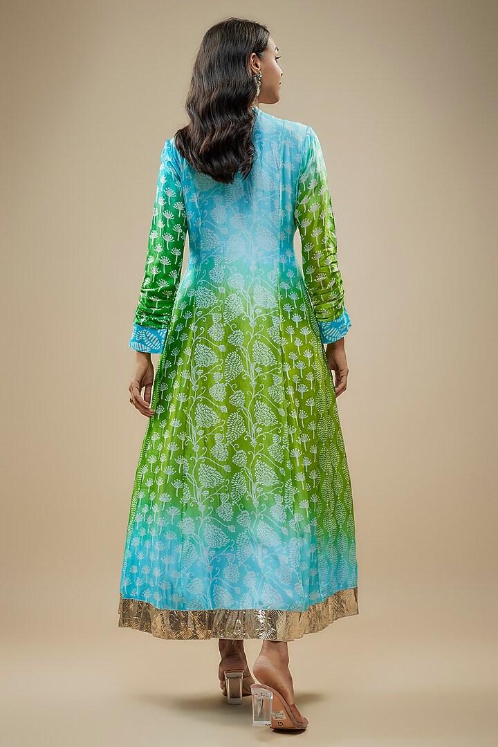 Blue & Green Kora Silk Embroidered & Printed Kurta Set by Prisha's at Pernia's Pop Up Shop