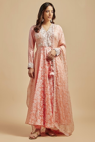 Peach Silk Resham Embroidered Angrakha Kurta Set by Prisha's