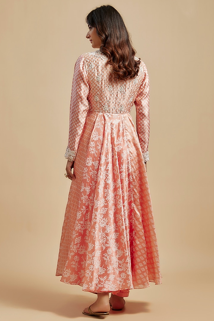 Peach Silk Resham Embroidered Angrakha Kurta Set by Prisha's at Pernia's Pop Up Shop