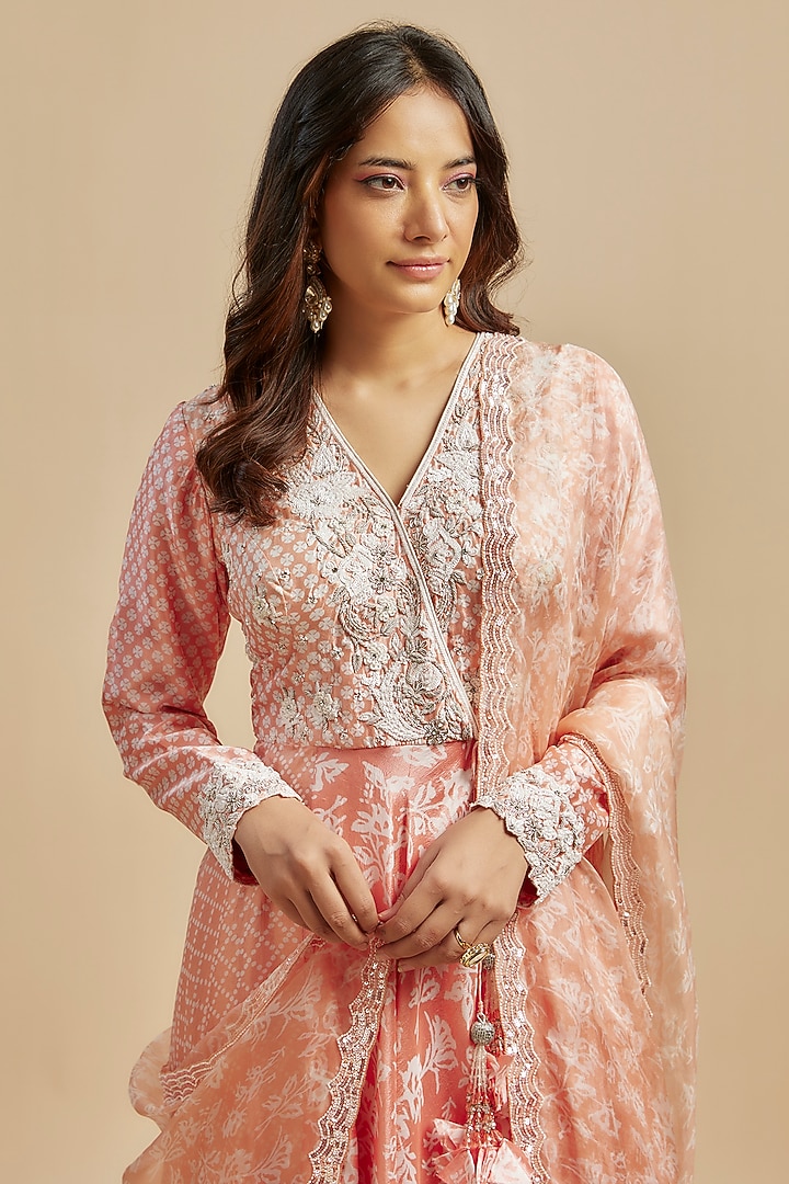 Peach Silk Resham Embroidered Angrakha Kurta Set by Prisha's at Pernia's Pop Up Shop
