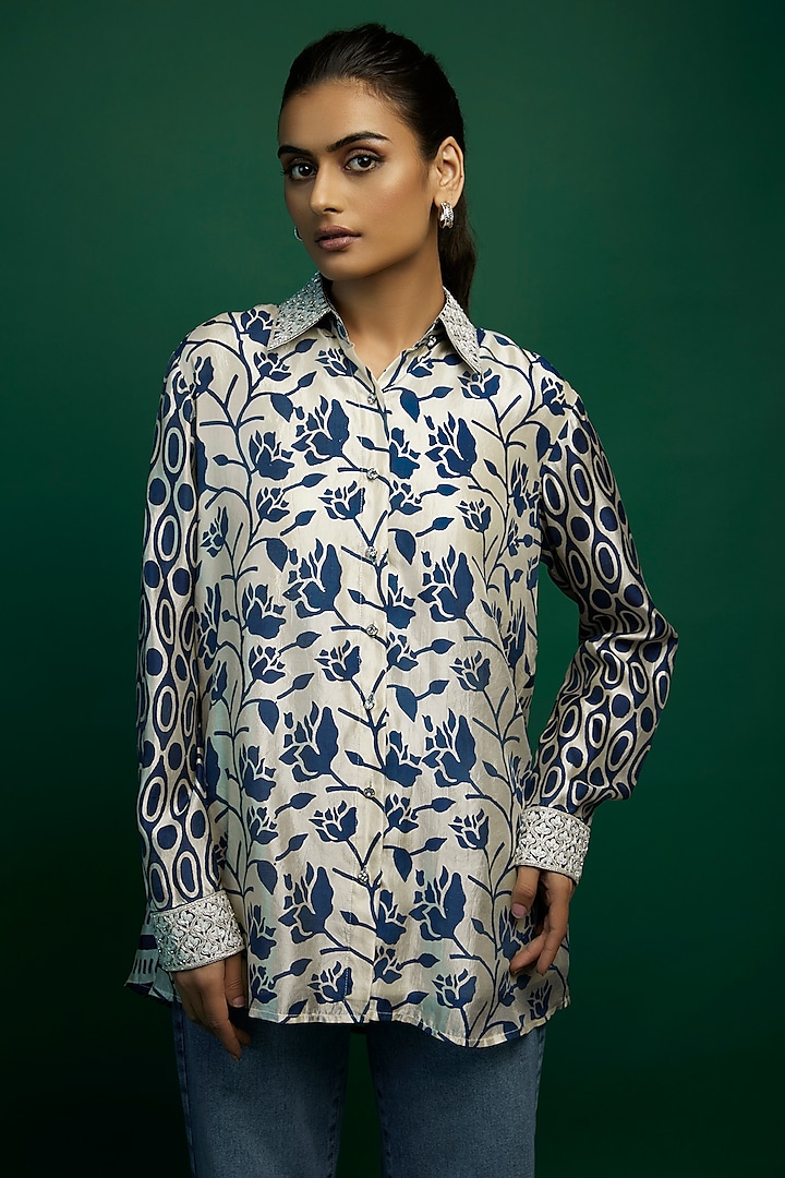 Off-White & Indigo Kora Silk Block Printed Shirt by Prisha's at Pernia's Pop Up Shop