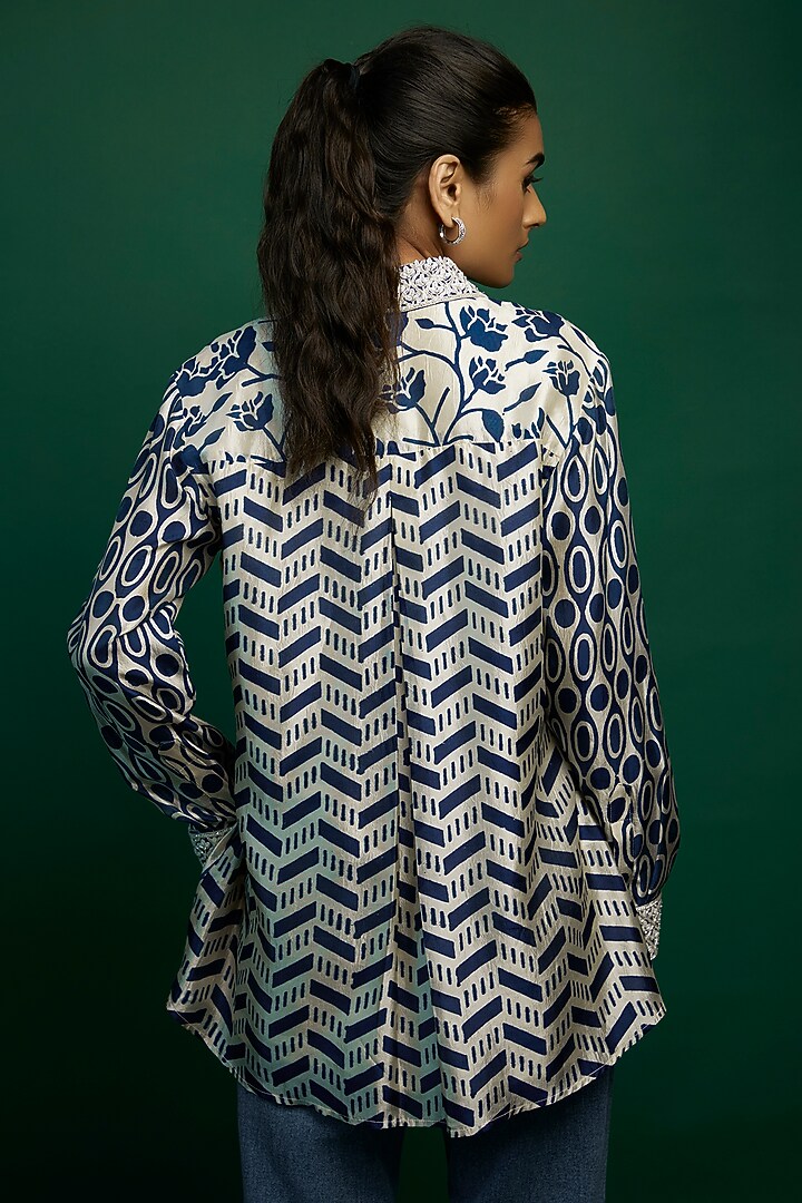 Off-White & Indigo Kora Silk Block Printed Shirt by Prisha's at Pernia's Pop Up Shop