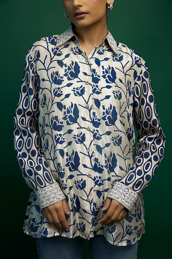 Off-White & Indigo Kora Silk Block Printed Shirt by Prisha's at Pernia's Pop Up Shop