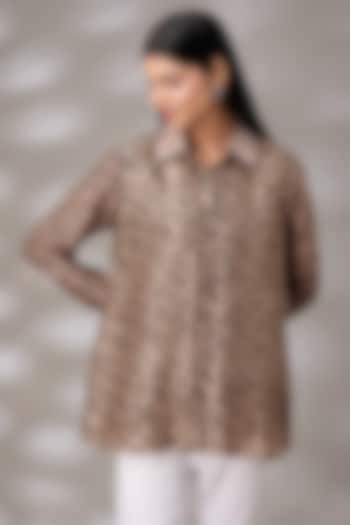 Black & Brown Silk Floral Hand Embroidered & Block Printed Shirt by Prisha's