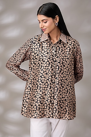 Black & Brown Silk Floral Hand Embroidered & Block Printed Shirt by Prisha's