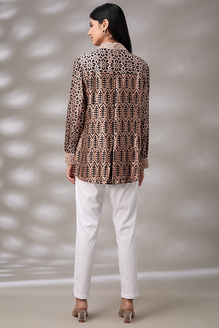 Black & Brown Silk Floral Hand Embroidered & Block Printed Shirt by Prisha's at Pernia's Pop Up Shop