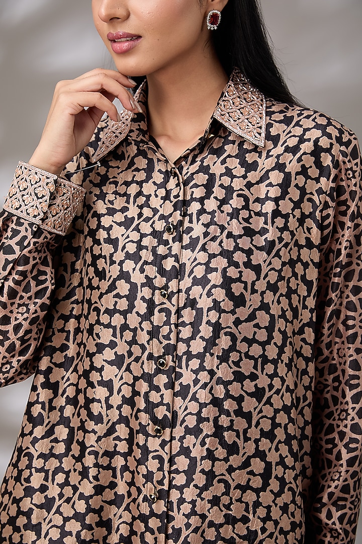 Black & Brown Silk Floral Hand Embroidered & Block Printed Shirt by Prisha's at Pernia's Pop Up Shop