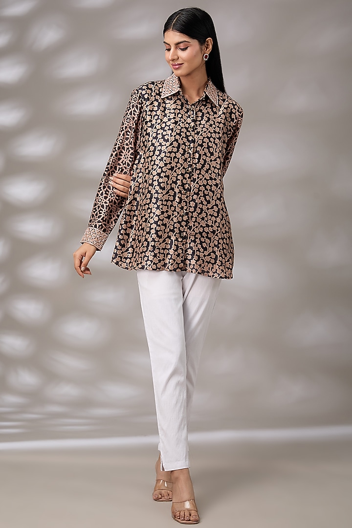 Black & Brown Silk Floral Hand Embroidered & Block Printed Shirt by Prisha's at Pernia's Pop Up Shop