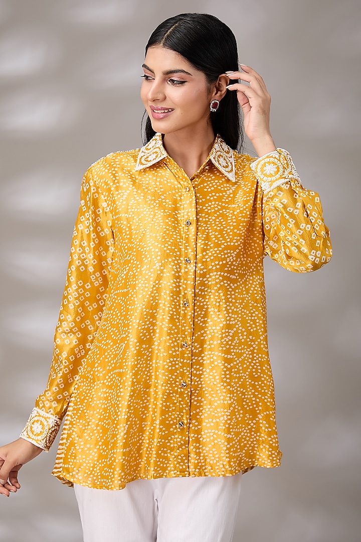 Gold Silk Floral Hand Embroidered & Block Printed Shirt by Prisha's