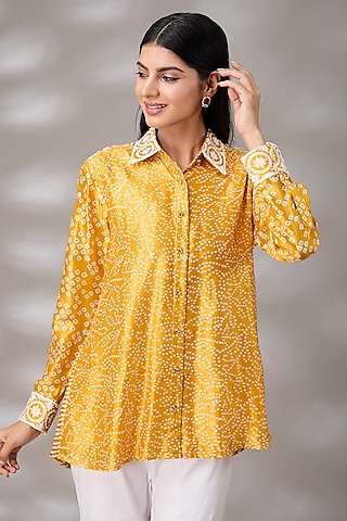 Gold Silk Floral Hand Embroidered & Block Printed Shirt by Prisha's