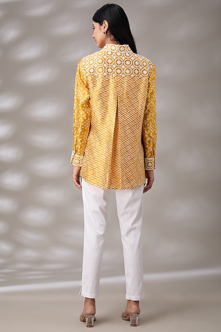 Gold Silk Floral Hand Embroidered & Block Printed Shirt by Prisha's at Pernia's Pop Up Shop