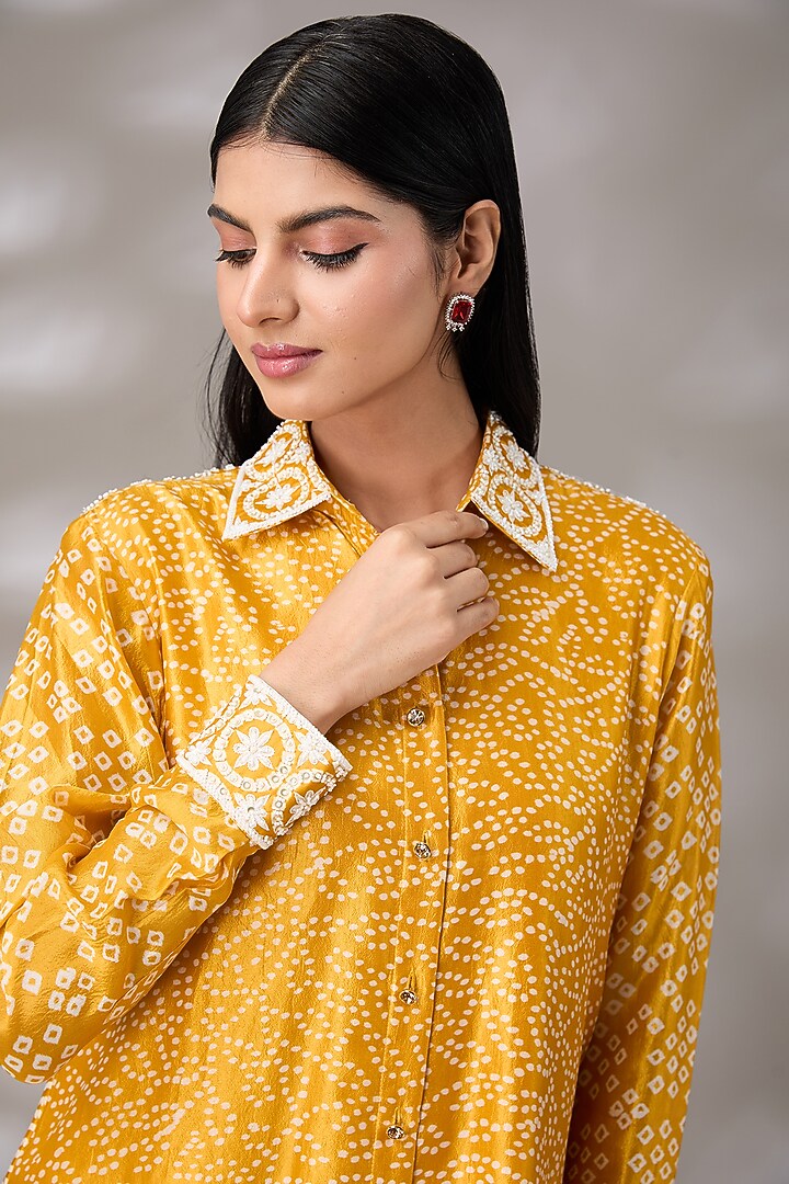 Gold Silk Floral Hand Embroidered & Block Printed Shirt by Prisha's at Pernia's Pop Up Shop