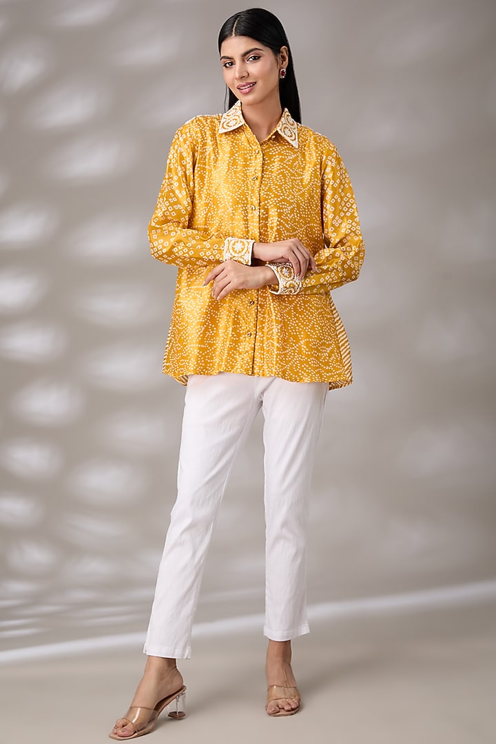 Gold Silk Floral Hand Embroidered & Block Printed Shirt by Prisha's at Pernia's Pop Up Shop