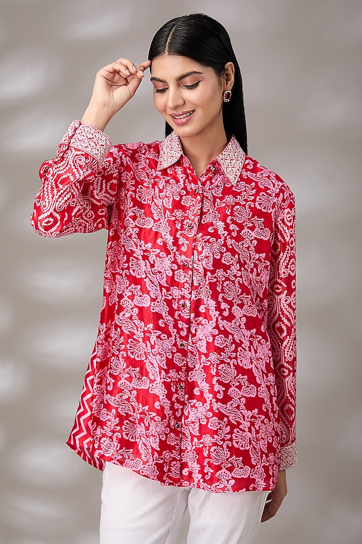 Red Kora Silk Hand Embroidered & Block Printed Shirt by Prisha's