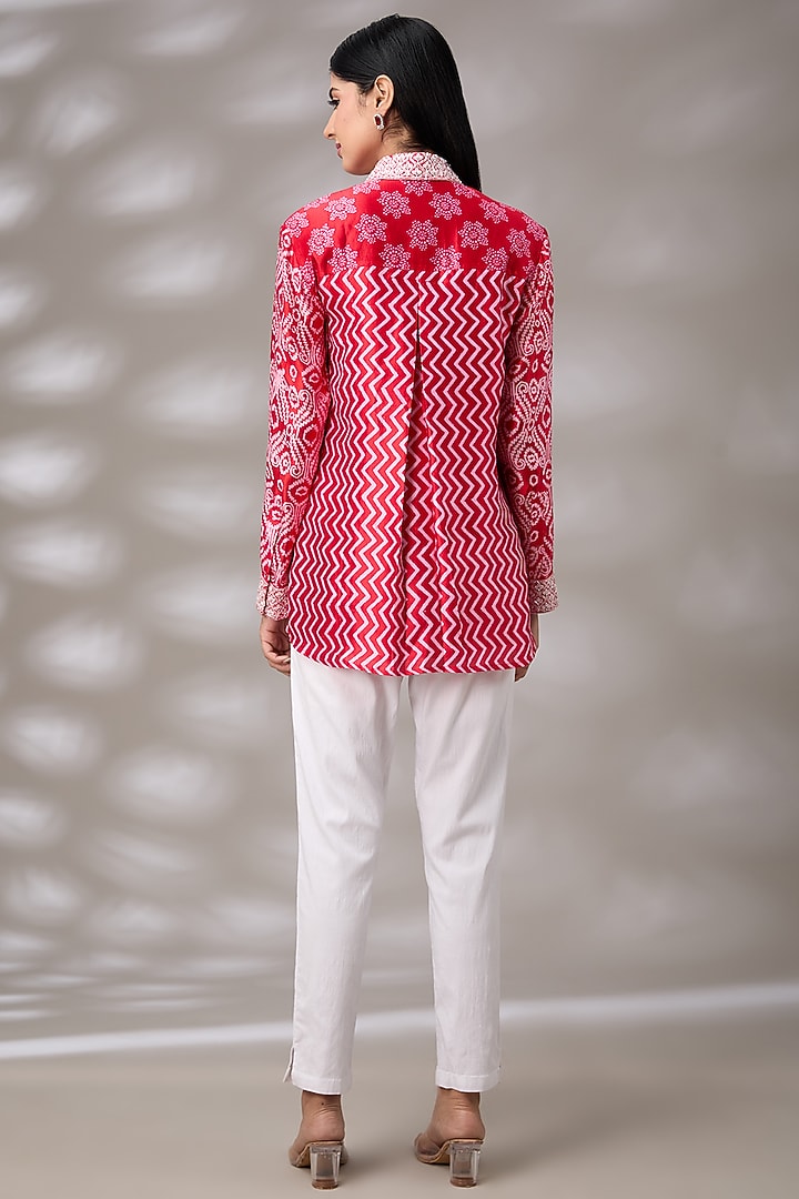 Red Kora Silk Hand Embroidered & Block Printed Shirt by Prisha's at Pernia's Pop Up Shop