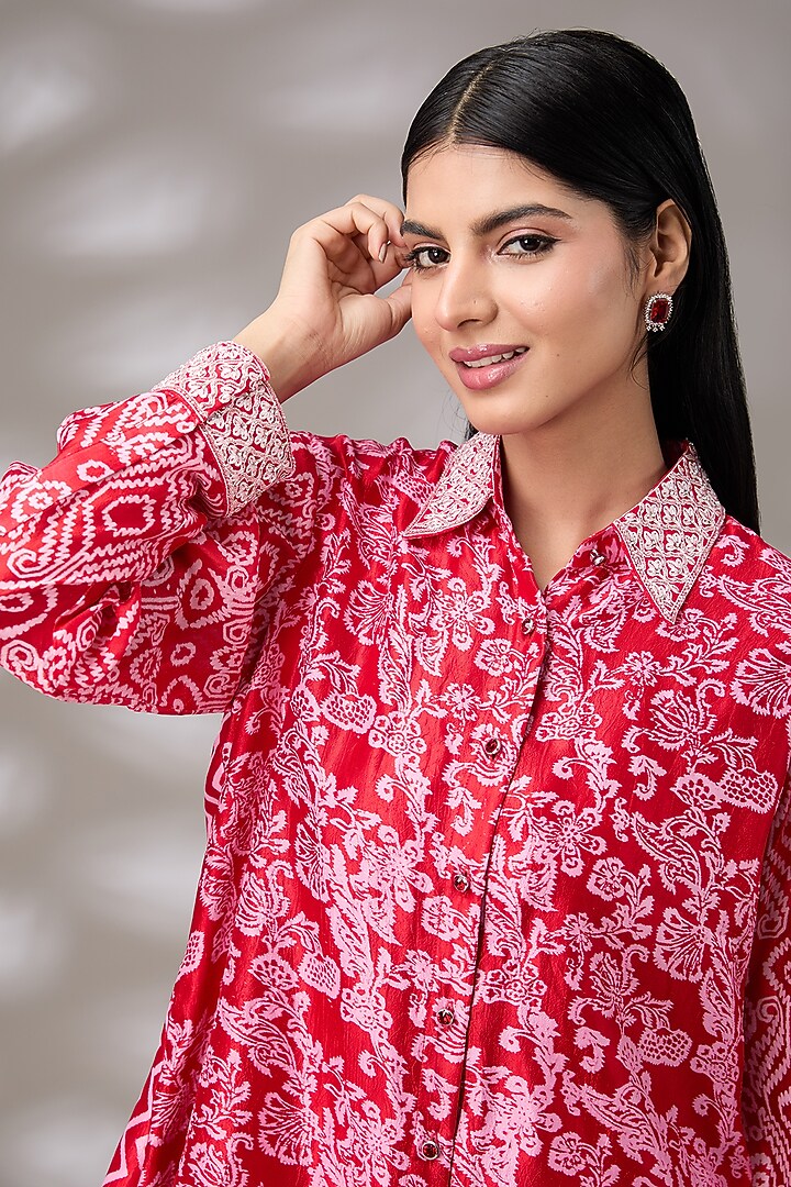 Red Kora Silk Hand Embroidered & Block Printed Shirt by Prisha's at Pernia's Pop Up Shop