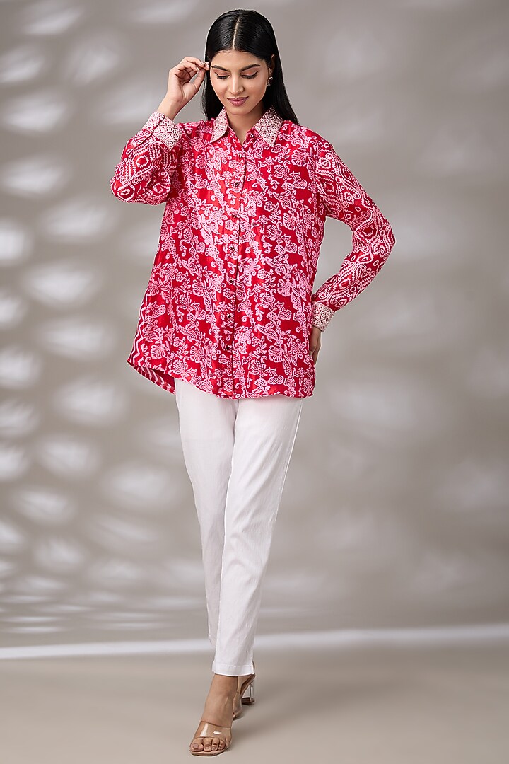 Red Kora Silk Hand Embroidered & Block Printed Shirt by Prisha's at Pernia's Pop Up Shop