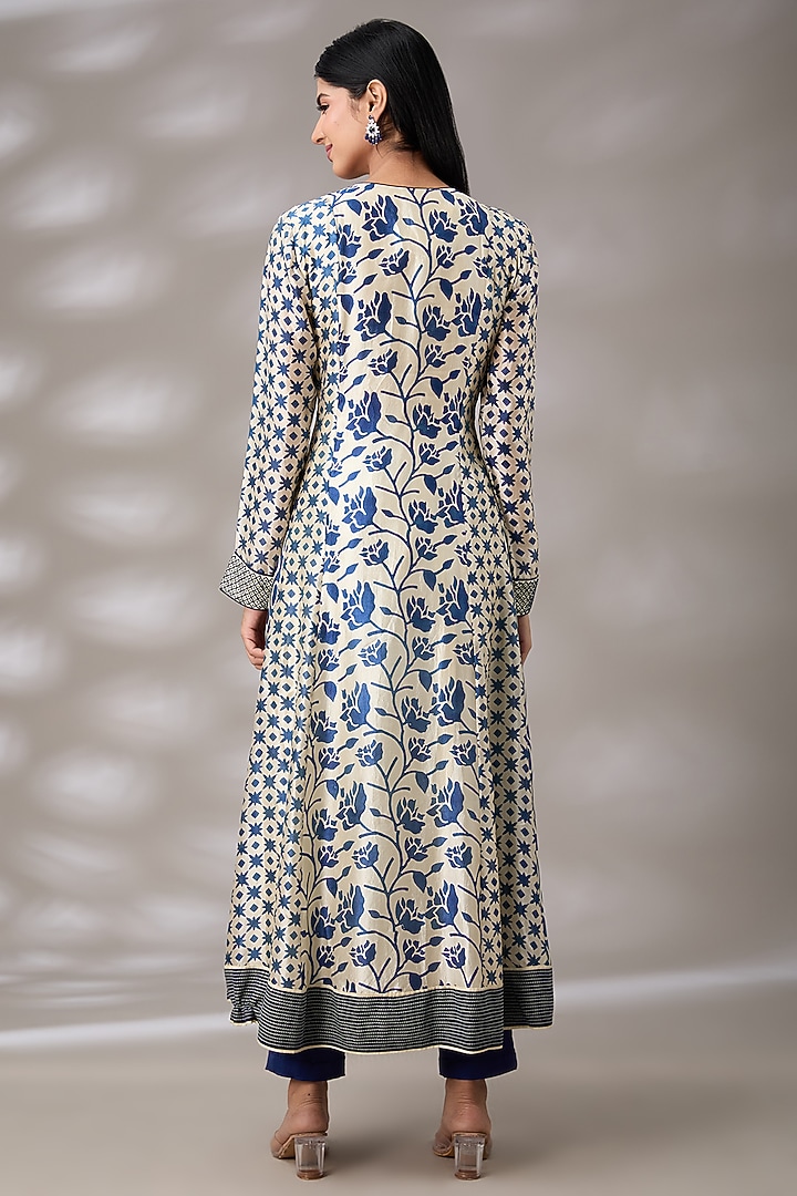 Blue Silk Hand Embroidered & Block Printed Pleated Kurta Set by Prisha's at Pernia's Pop Up Shop