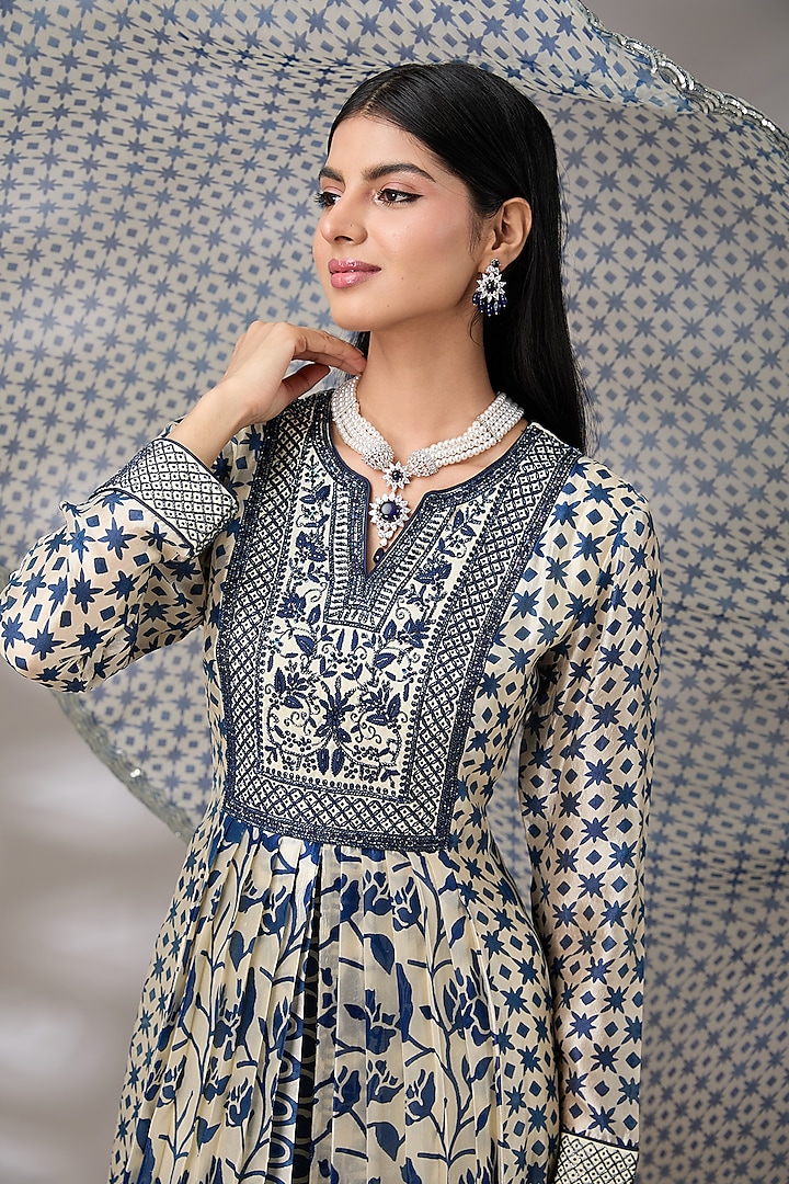 Blue Silk Hand Embroidered & Block Printed Pleated Kurta Set by Prisha's at Pernia's Pop Up Shop