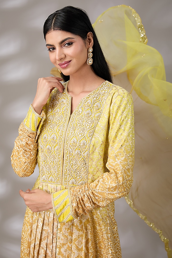 Yellow Chanderi Banarasi Hand Embroidered Pleated Kurta Set by Prisha's at Pernia's Pop Up Shop