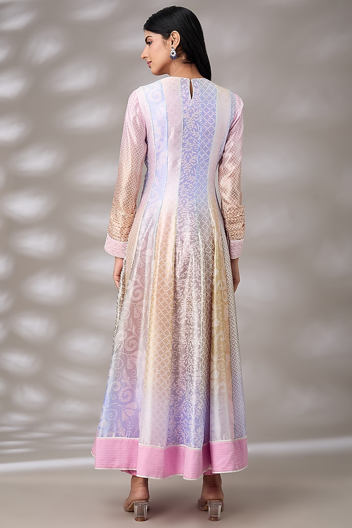 Multi-Colored Kora Silk Hand Embroidered & 4D Printed Pleated Kurta Set by Prisha's at Pernia's Pop Up Shop