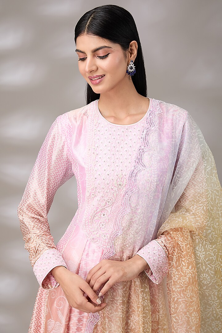 Multi-Colored Kora Silk Hand Embroidered & 4D Printed Pleated Kurta Set by Prisha's at Pernia's Pop Up Shop